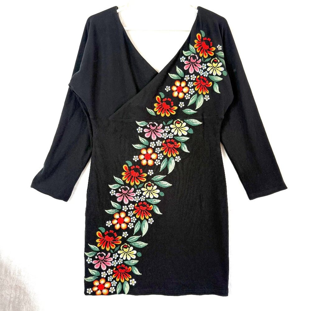 Guaraxez Floral Embroidered V Neck Surplice Sheath Lined Dress XL Black